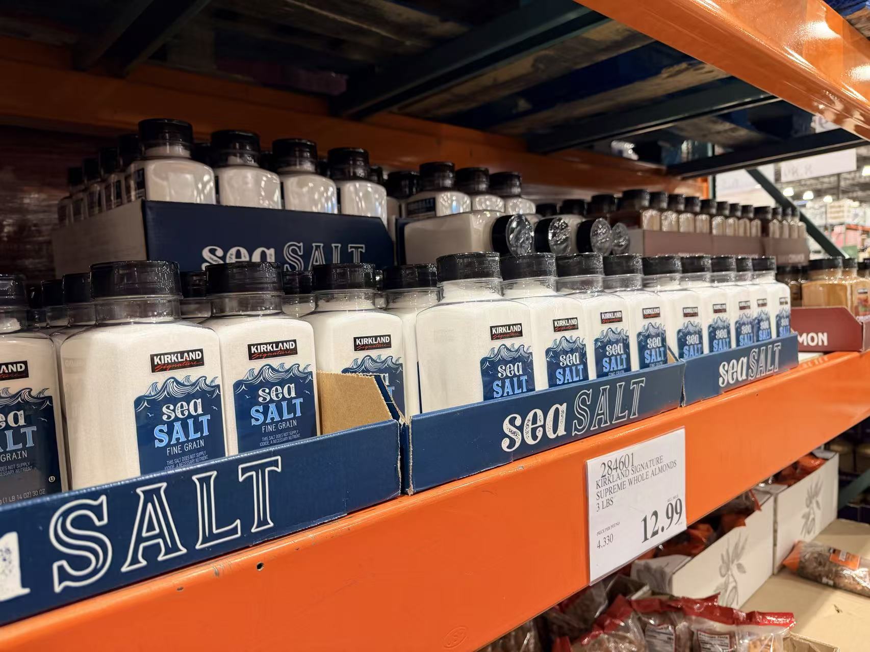 Kirkland Signature fine grain sea salt displayed on Costco shelves