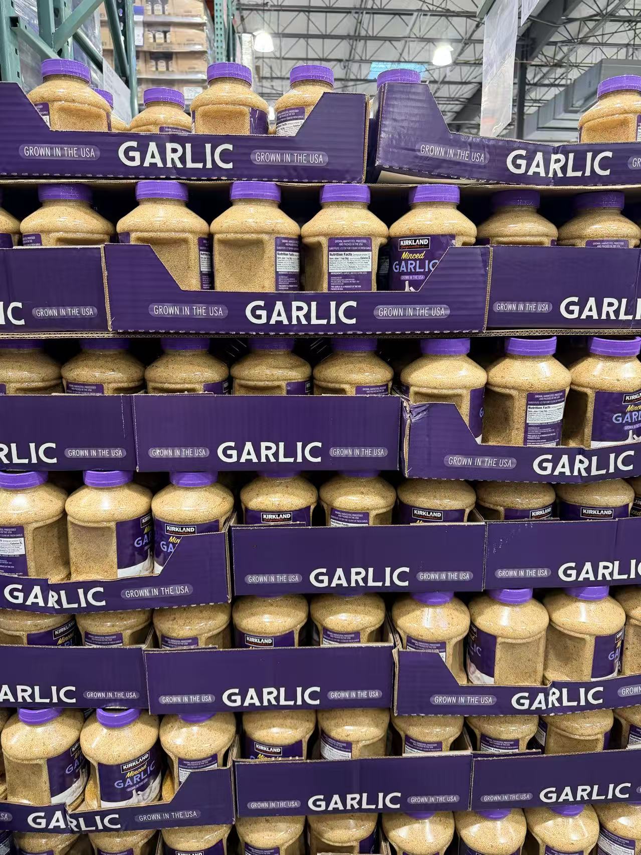 Kirkland Signature garlic packaging in Costco warehouse display