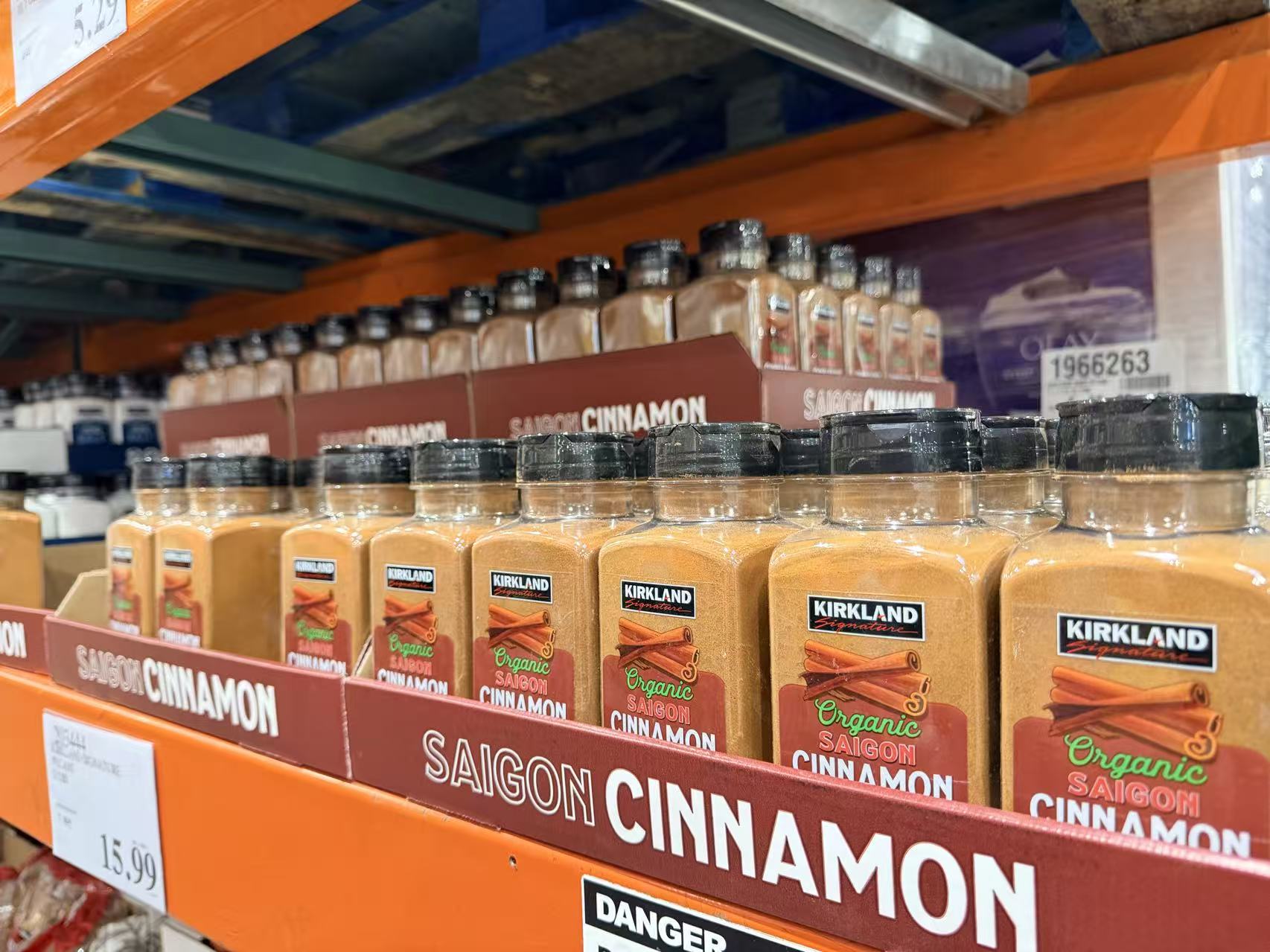 Kirkland Signature organic Saigon cinnamon displayed on Costco shelves