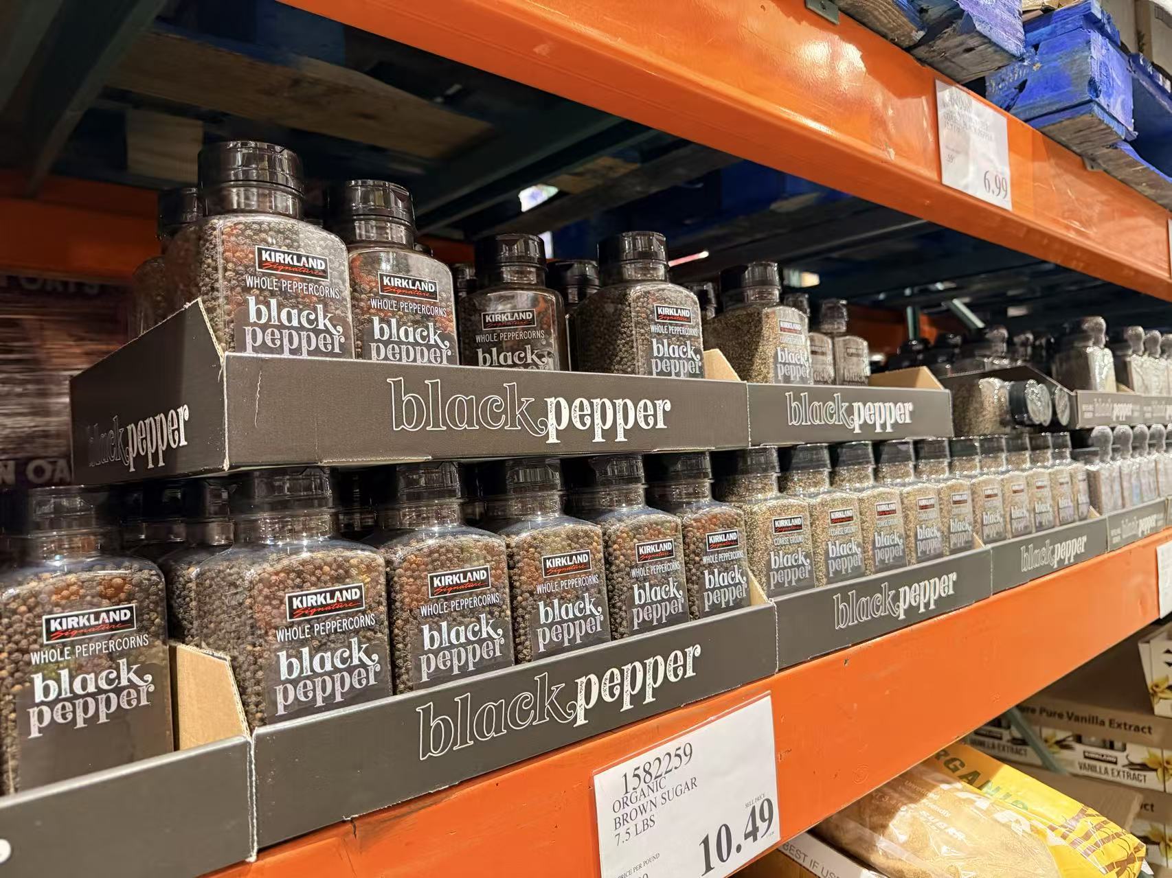 Kirkland Signature whole black pepper displayed on Costco shelves