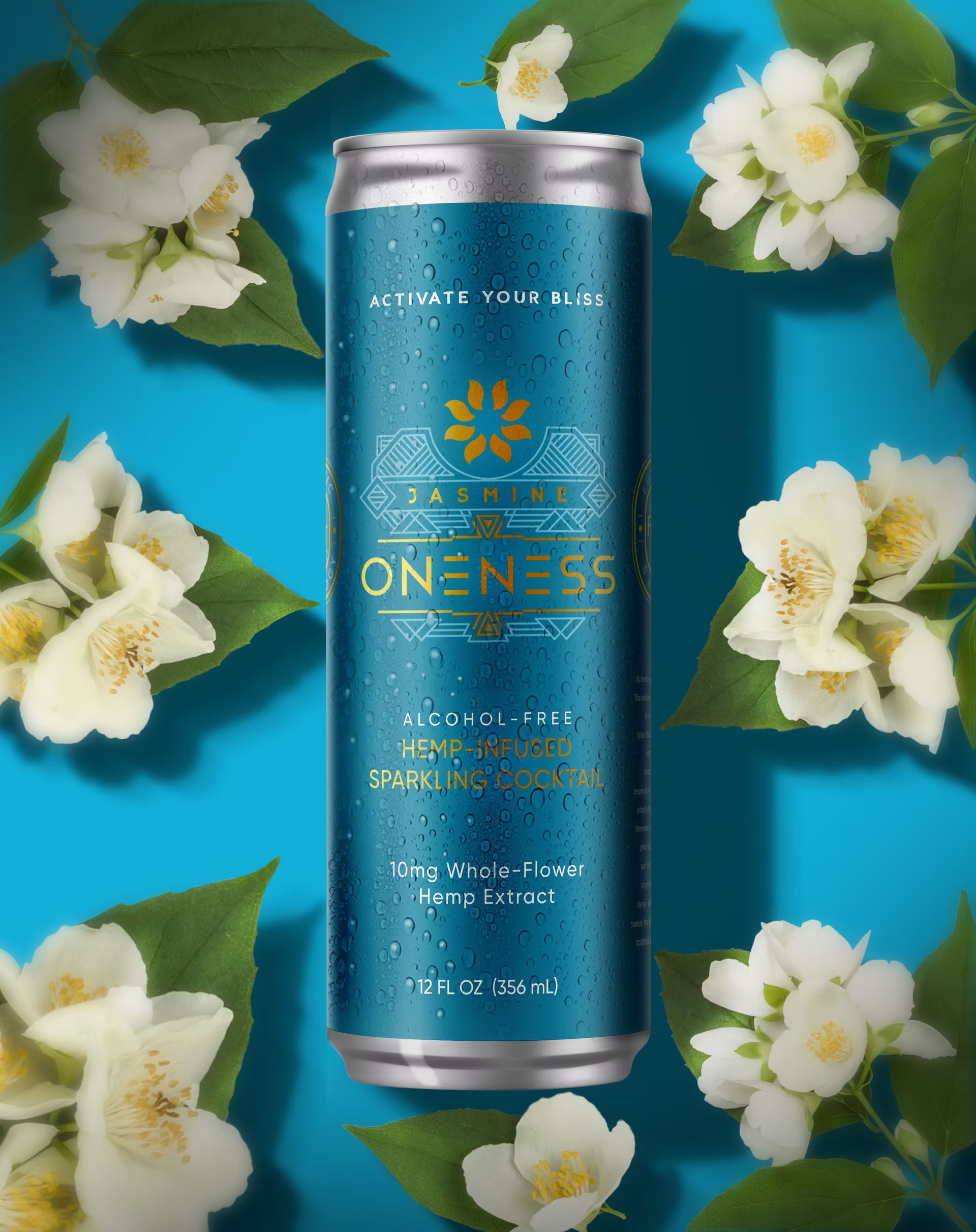 Oneness Jasmine sparkling cocktail can with jasmine flowers