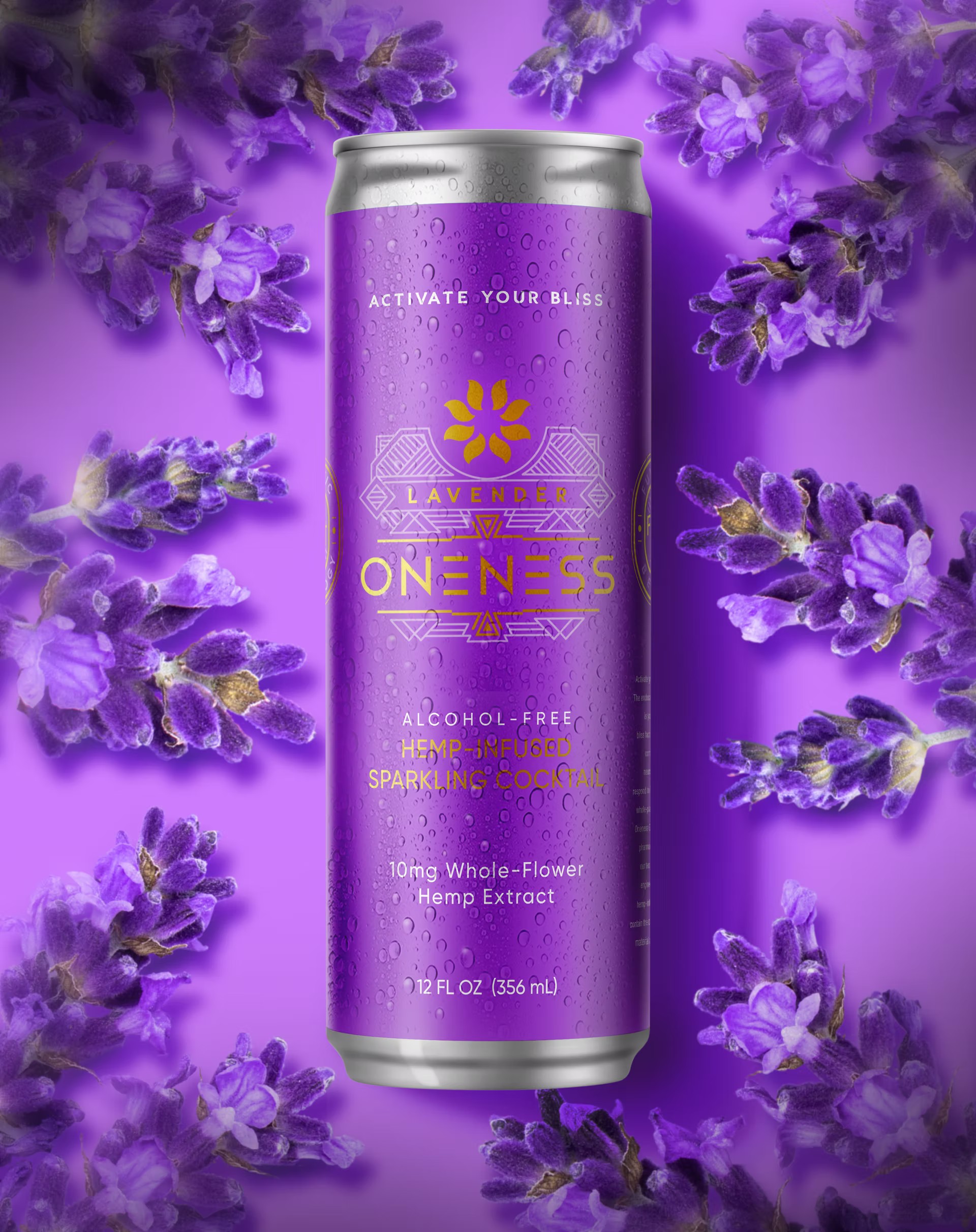 Oneness Lavender sparkling cocktail can with lavender flowers