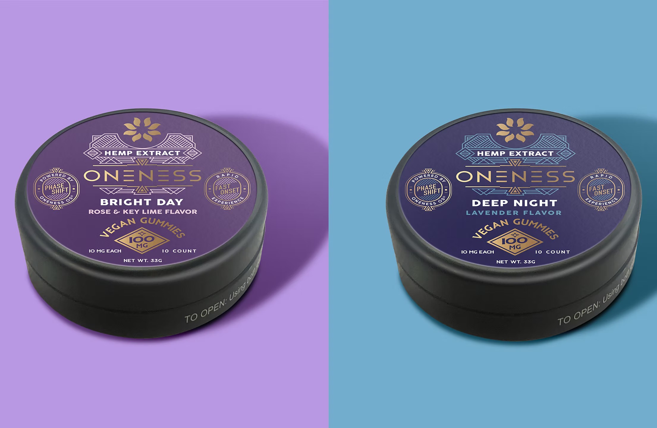Oneness Bright Day and Deep Night vegan gummies packaging